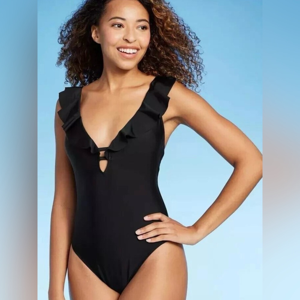 Shade & Shore Black One Piece Swimsuit with Ruffle V-Neck